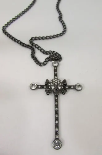 Gold Silver Pewter Gold Red Big Cross Skulls Stud Rhinestone Pendant Necklace