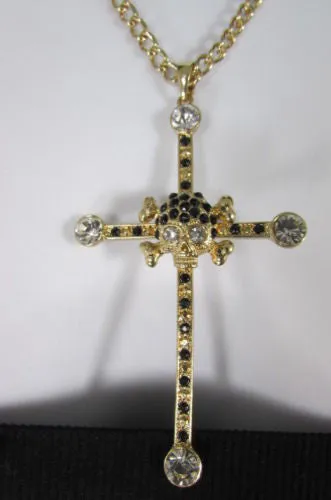 Gold Silver Pewter Gold Red Big Cross Skulls Stud Rhinestone Pendant Necklace