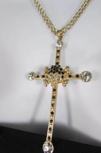 Gold Silver Pewter Gold Red Big Cross Skulls Stud Rhinestone Pendant Necklace