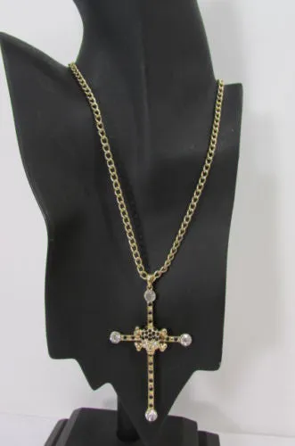 Gold Silver Pewter Gold Red Big Cross Skulls Stud Rhinestone Pendant Necklace