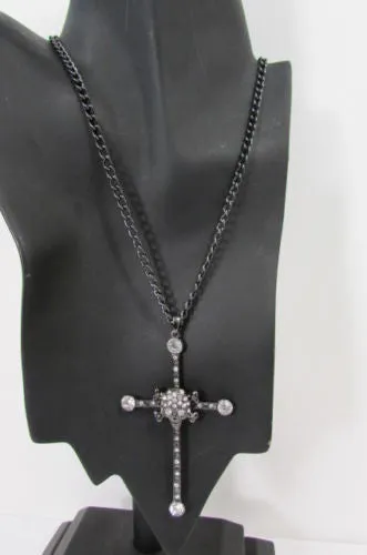 Gold Silver Pewter Gold Red Big Cross Skulls Stud Rhinestone Pendant Necklace