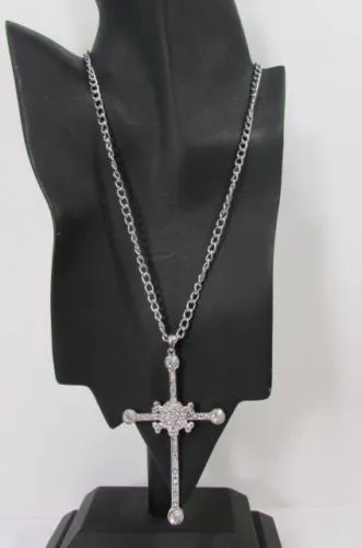 Gold Silver Pewter Gold Red Big Cross Skulls Stud Rhinestone Pendant Necklace