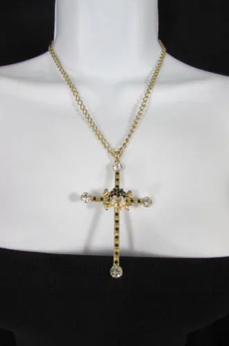 Gold Silver Pewter Gold Red Big Cross Skulls Stud Rhinestone Pendant Necklace