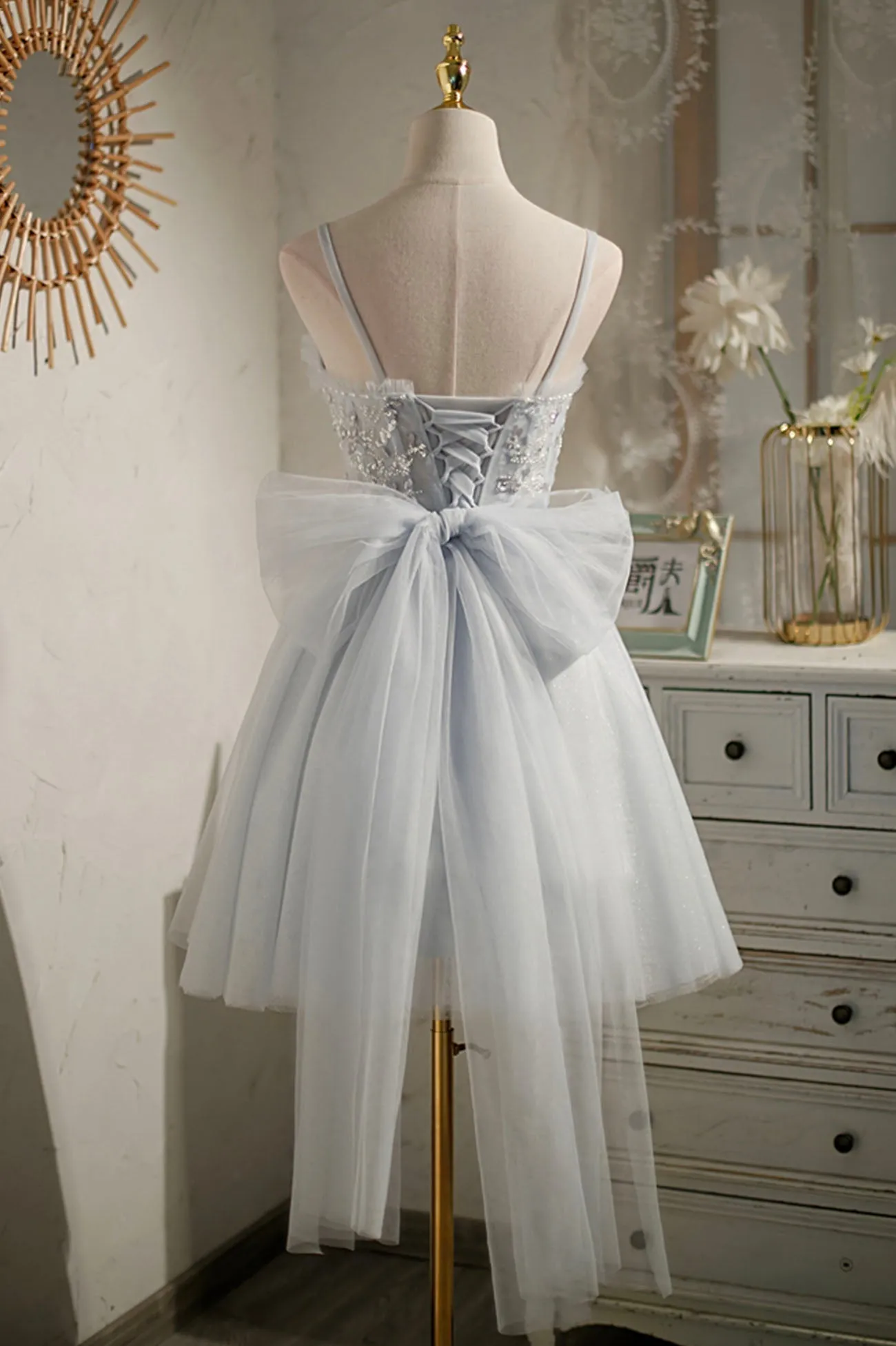 Gray Tulle Short A-Line Prom Dress, Cute Evening Party Dress