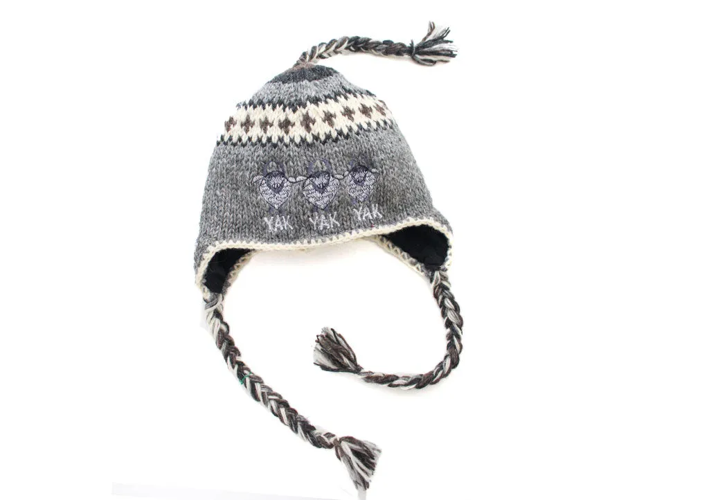 Grey and White Mix Yak Embroidered Woolen Sherpa Cap