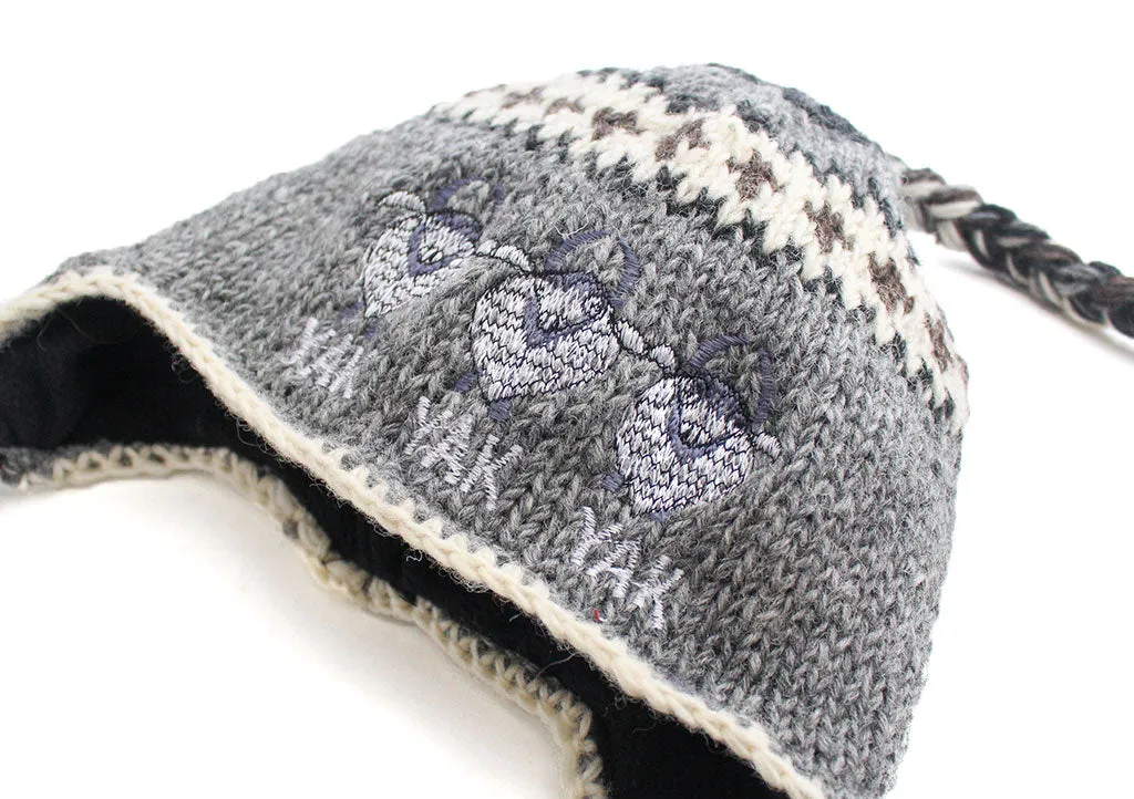 Grey and White Mix Yak Embroidered Woolen Sherpa Cap