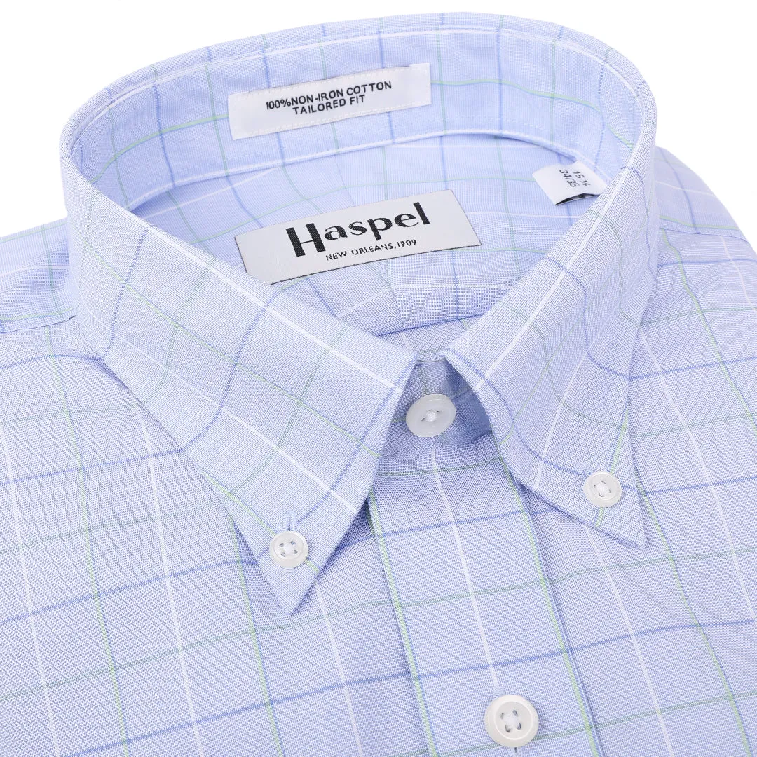 Henry Blue & Green Windowpane Button Down Trim Fit Dress Shirt