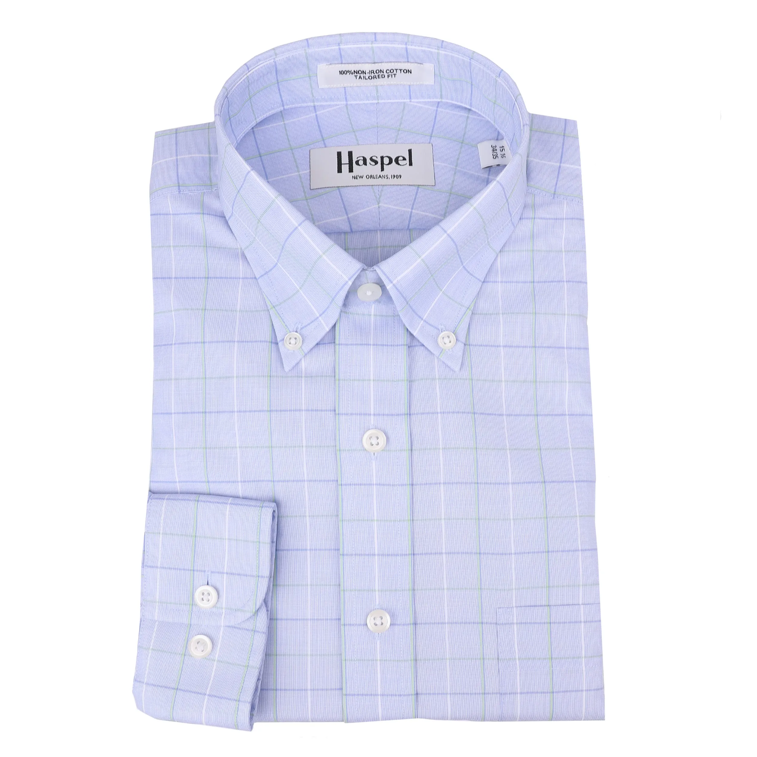 Henry Blue & Green Windowpane Button Down Trim Fit Dress Shirt