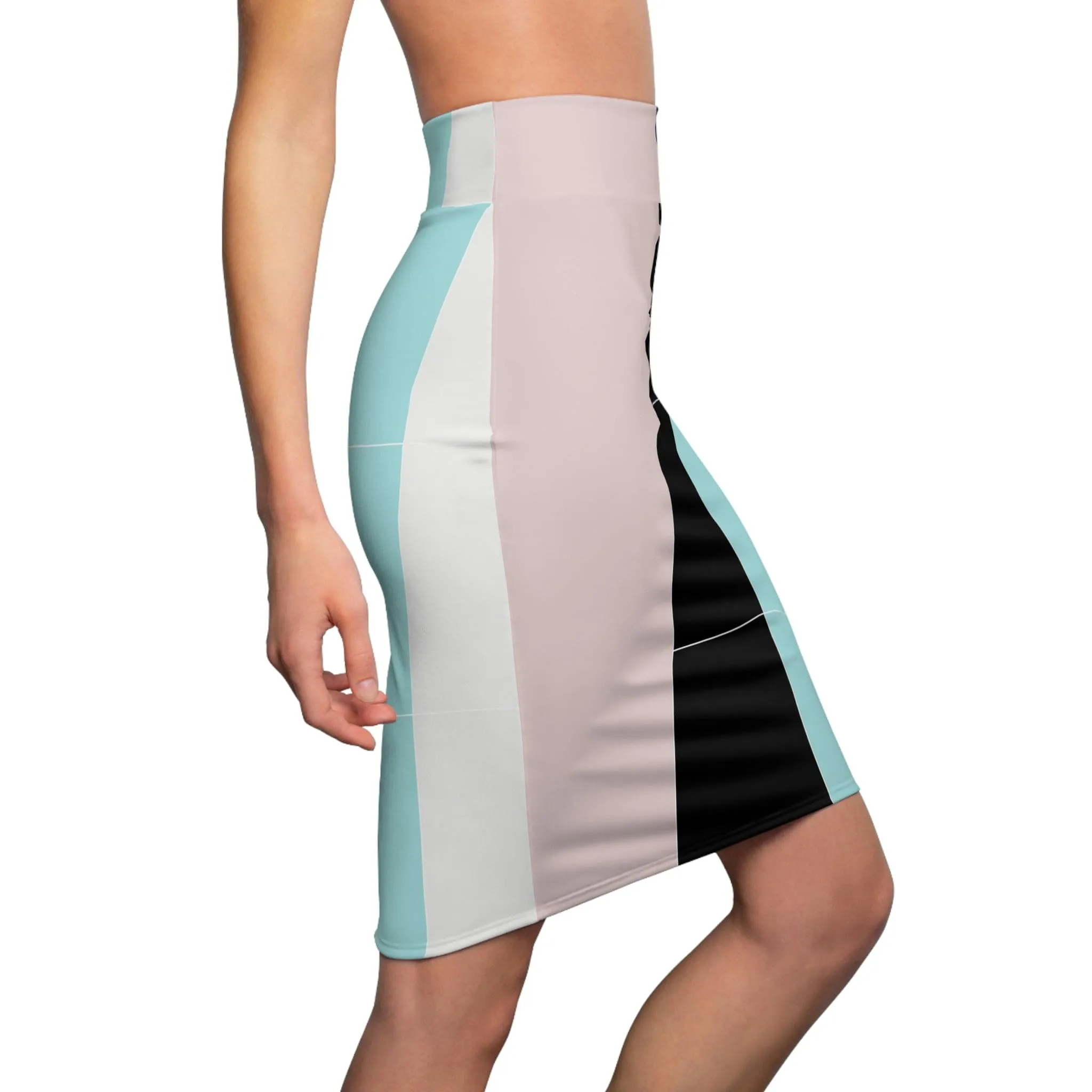 High Waist Womens Pencil Skirt - Contour Stretch - Pastel Colorblock Pink/black/blue