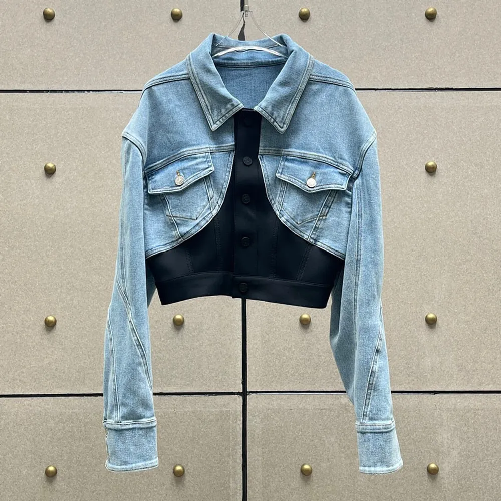 Hit Color Patchwork Denim Jackets For Women Lapel Long Sleeve Irregular Autumn Jacket Female Fashion Clothing