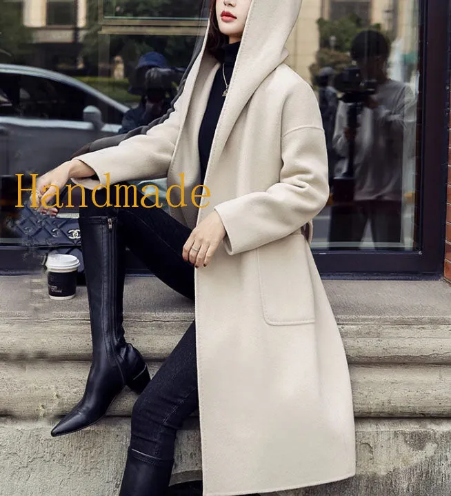 Hooded Women Wool Coat, Long Winter Wool Coat Jacket 0989