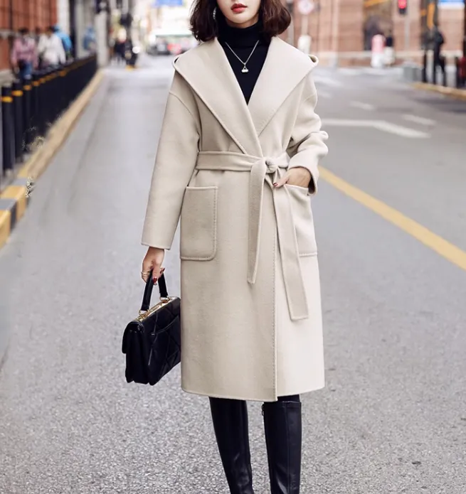 Hooded Women Wool Coat, Long Winter Wool Coat Jacket 0989