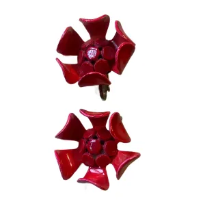 Hot Pink Enameled Metal Flower Clip Earrings circa 1960s