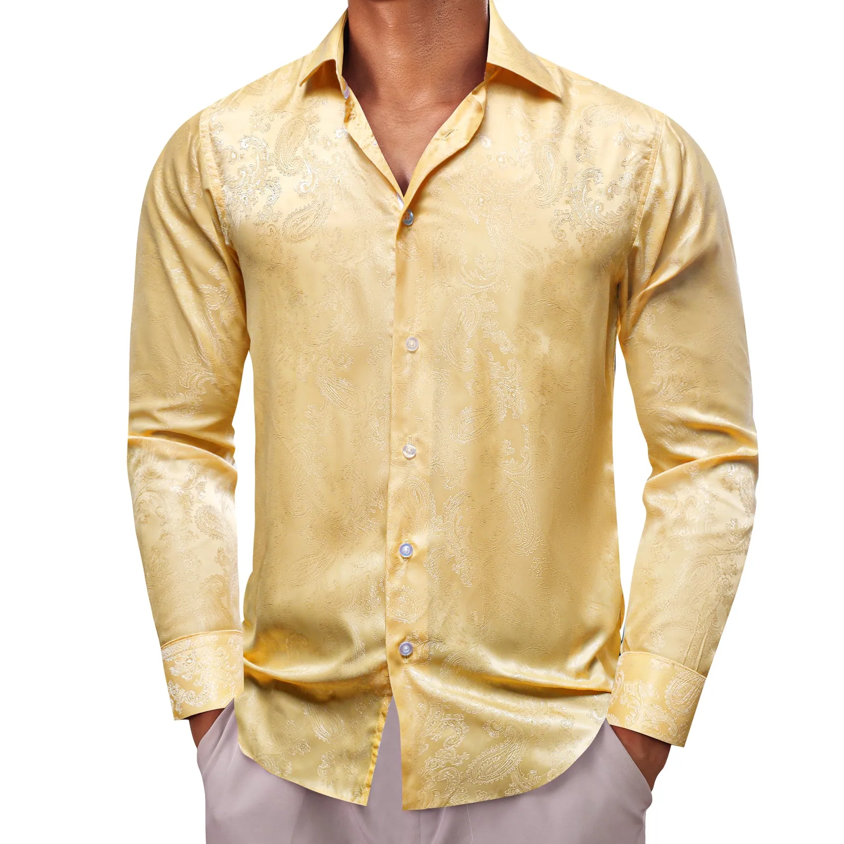 Light Yellow Paisley Men's Long Sleeve Shirt