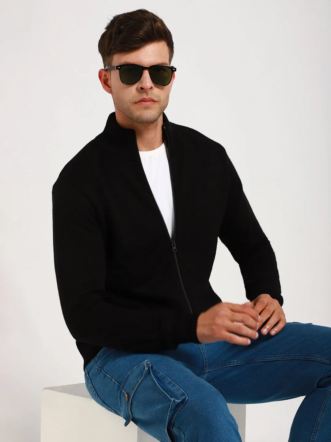 Men's Mock Neck Regular Fit Solid Black Sweater