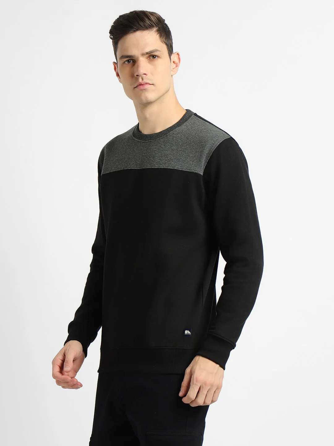 Men's Round Neck Regular Fit Colourblock Black Sweatshirt