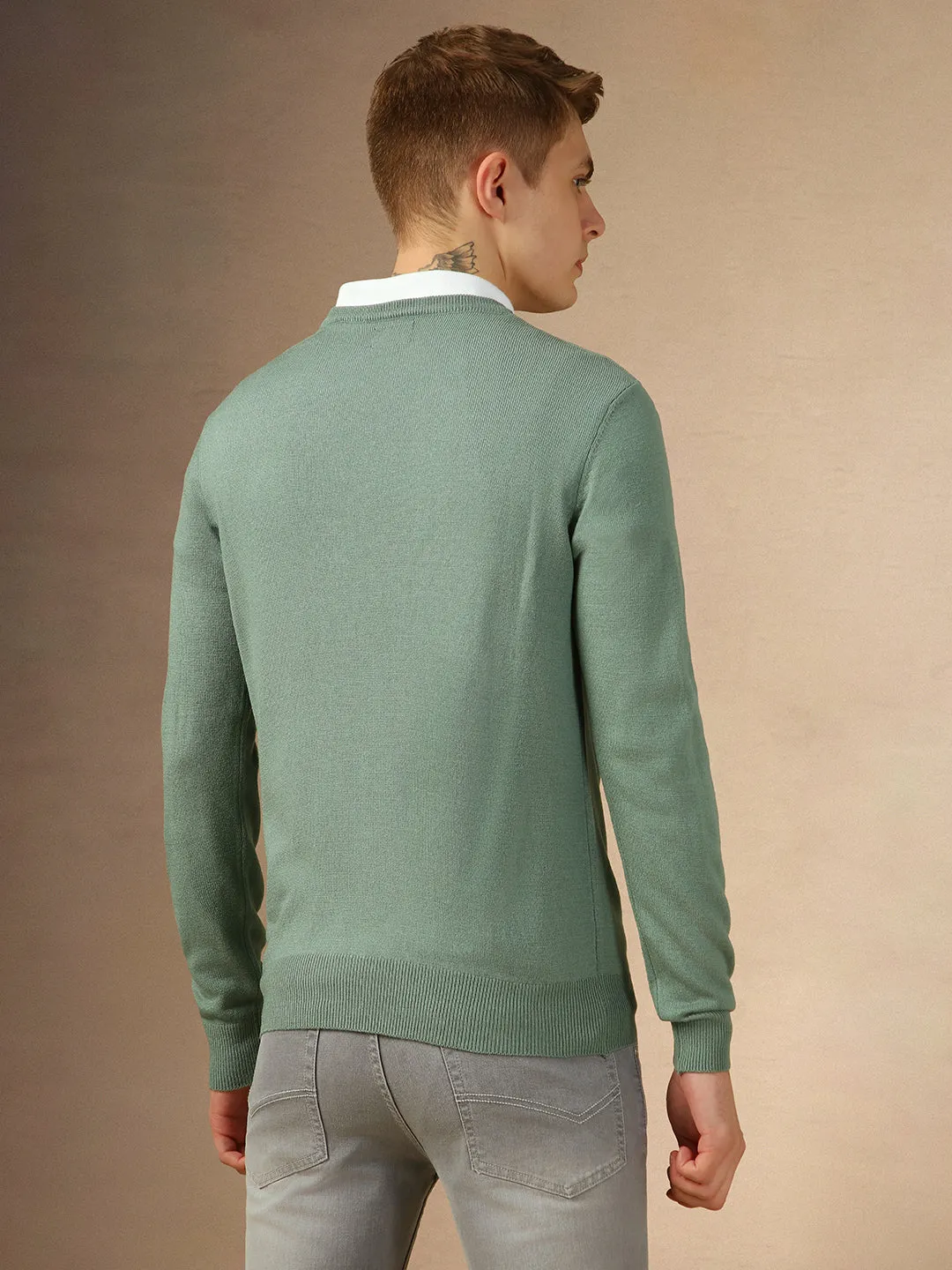 Men's Teal V-Neck Full Sleeves Slim Fit Pullover Sweater