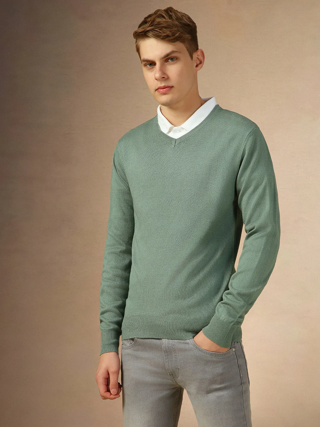 Men's Teal V-Neck Full Sleeves Slim Fit Pullover Sweater