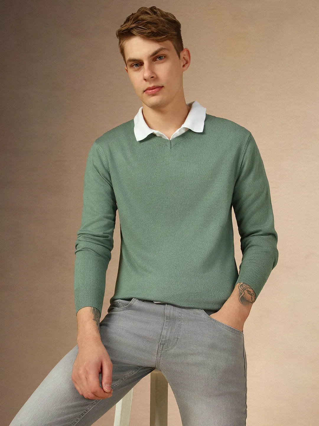 Men's Teal V-Neck Full Sleeves Slim Fit Pullover Sweater