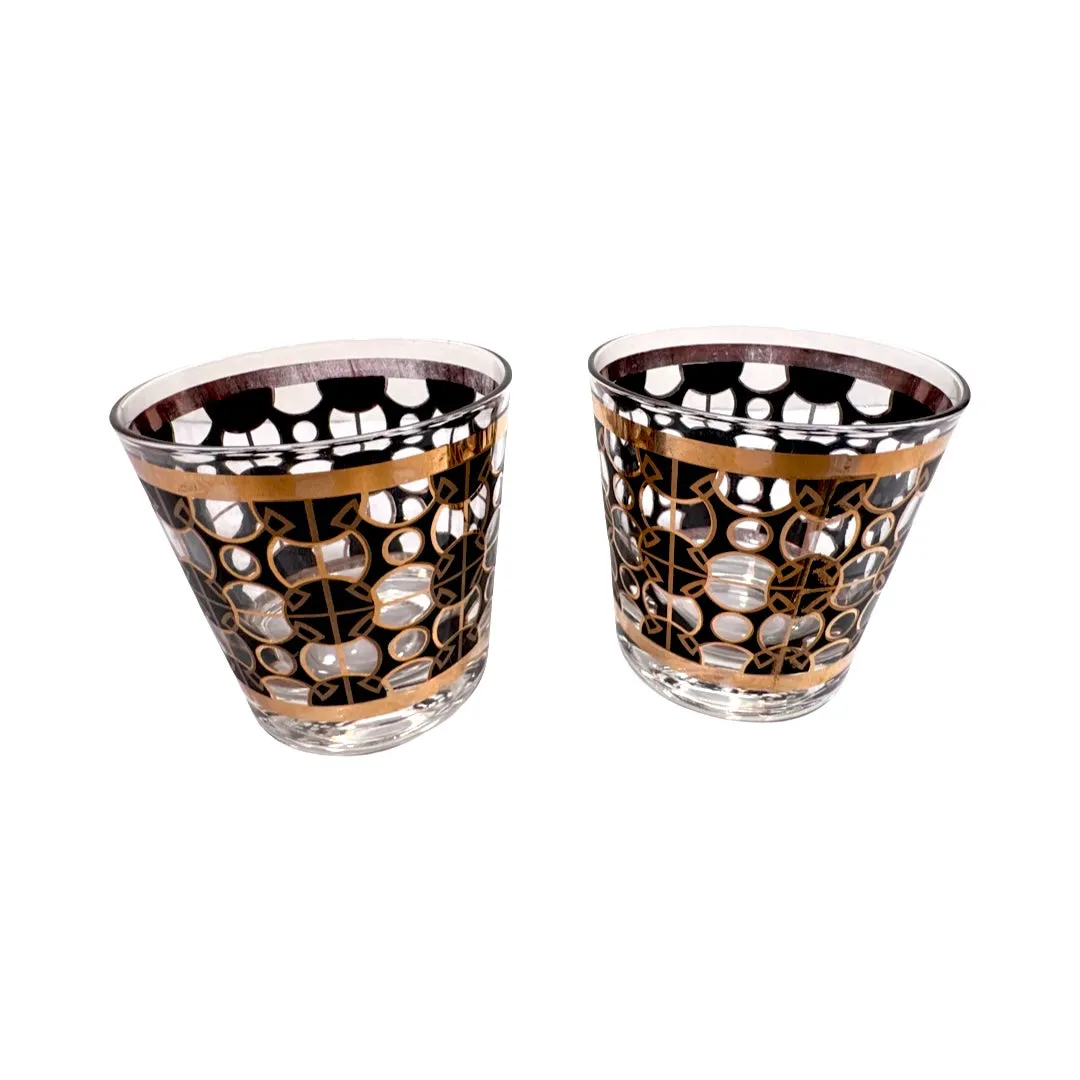 Mid-Century 22-Karat Gold and Black Mod Circles Old Fashion Glasses (Set of 2)