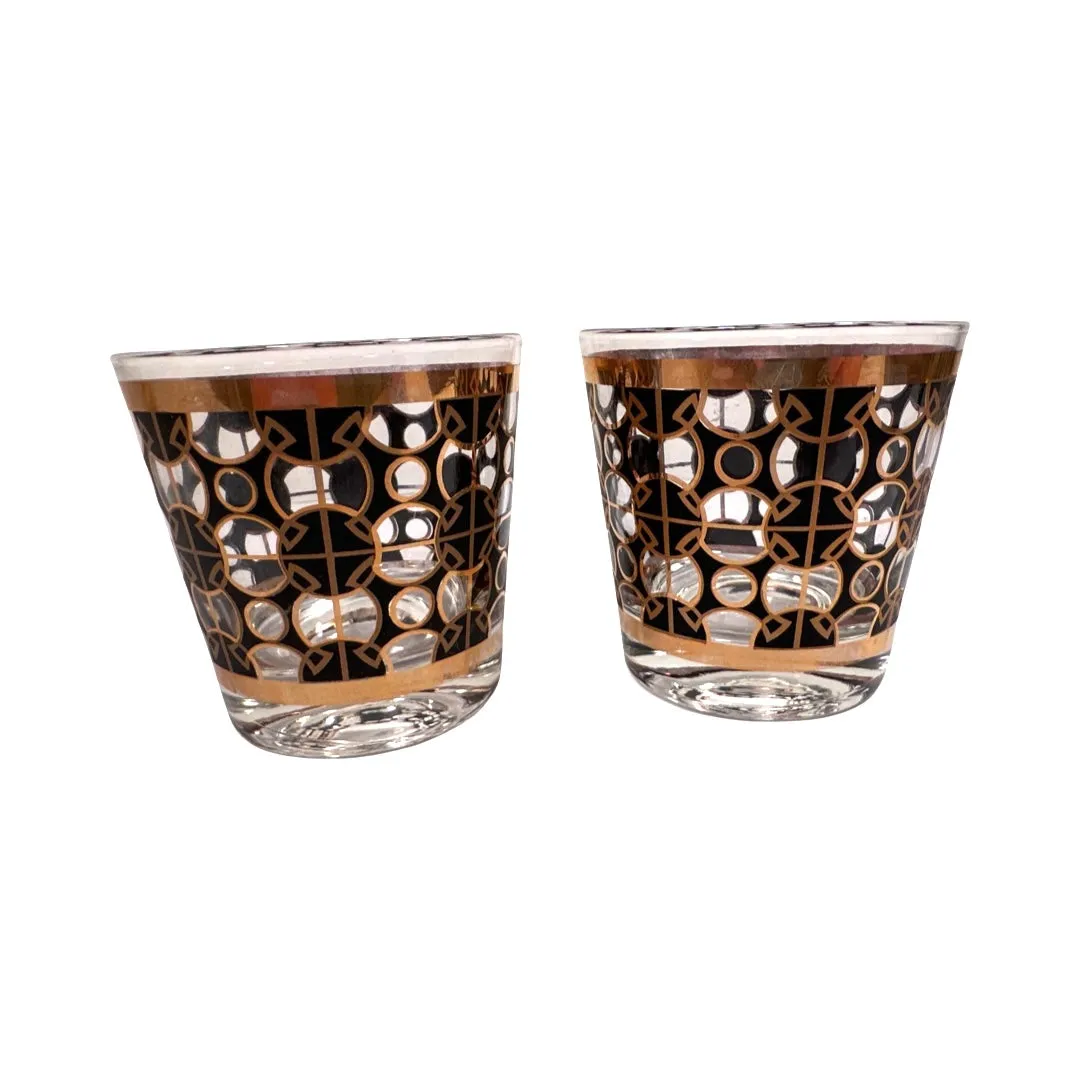 Mid-Century 22-Karat Gold and Black Mod Circles Old Fashion Glasses (Set of 2)