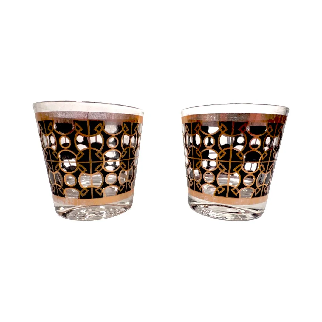 Mid-Century 22-Karat Gold and Black Mod Circles Old Fashion Glasses (Set of 2)