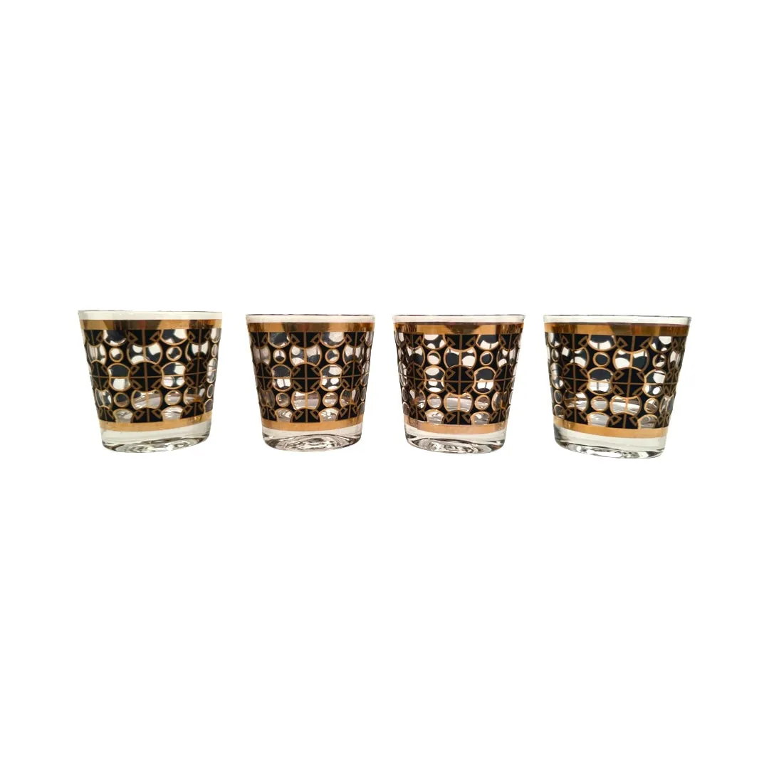 Mid-Century 22-Karat Gold and Black Mod Circles Old Fashion Glasses (Set of 4)