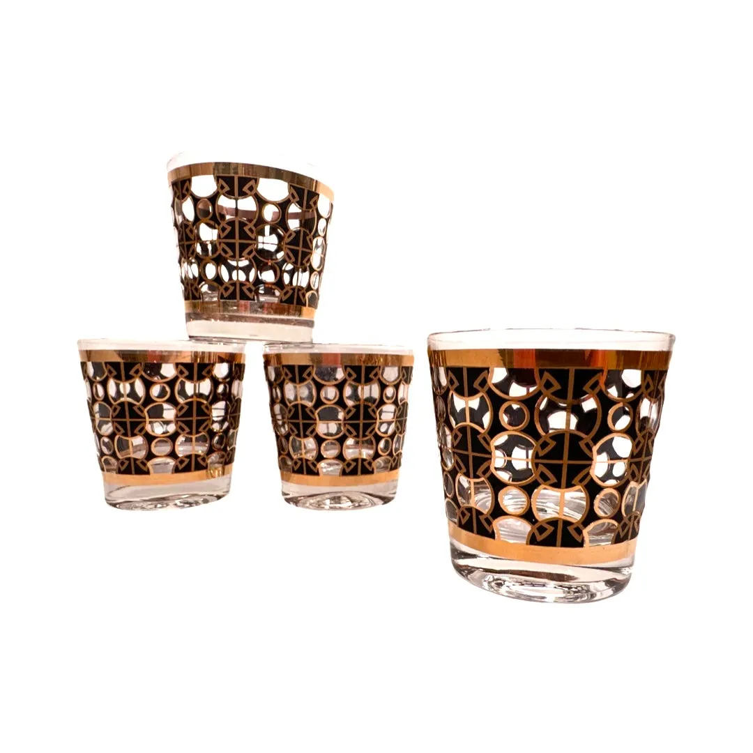 Mid-Century 22-Karat Gold and Black Mod Circles Old Fashion Glasses (Set of 4)