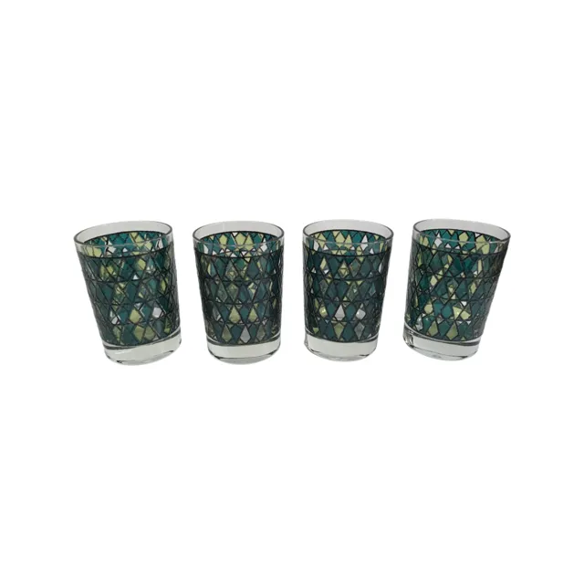 Mid-Century Chartreuses and Green Diamonds Double Old Fashion Glasses (Set of 4)