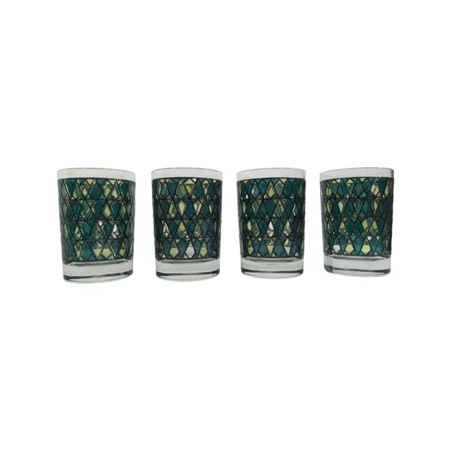 Mid-Century Chartreuses and Green Diamonds Double Old Fashion Glasses (Set of 4)