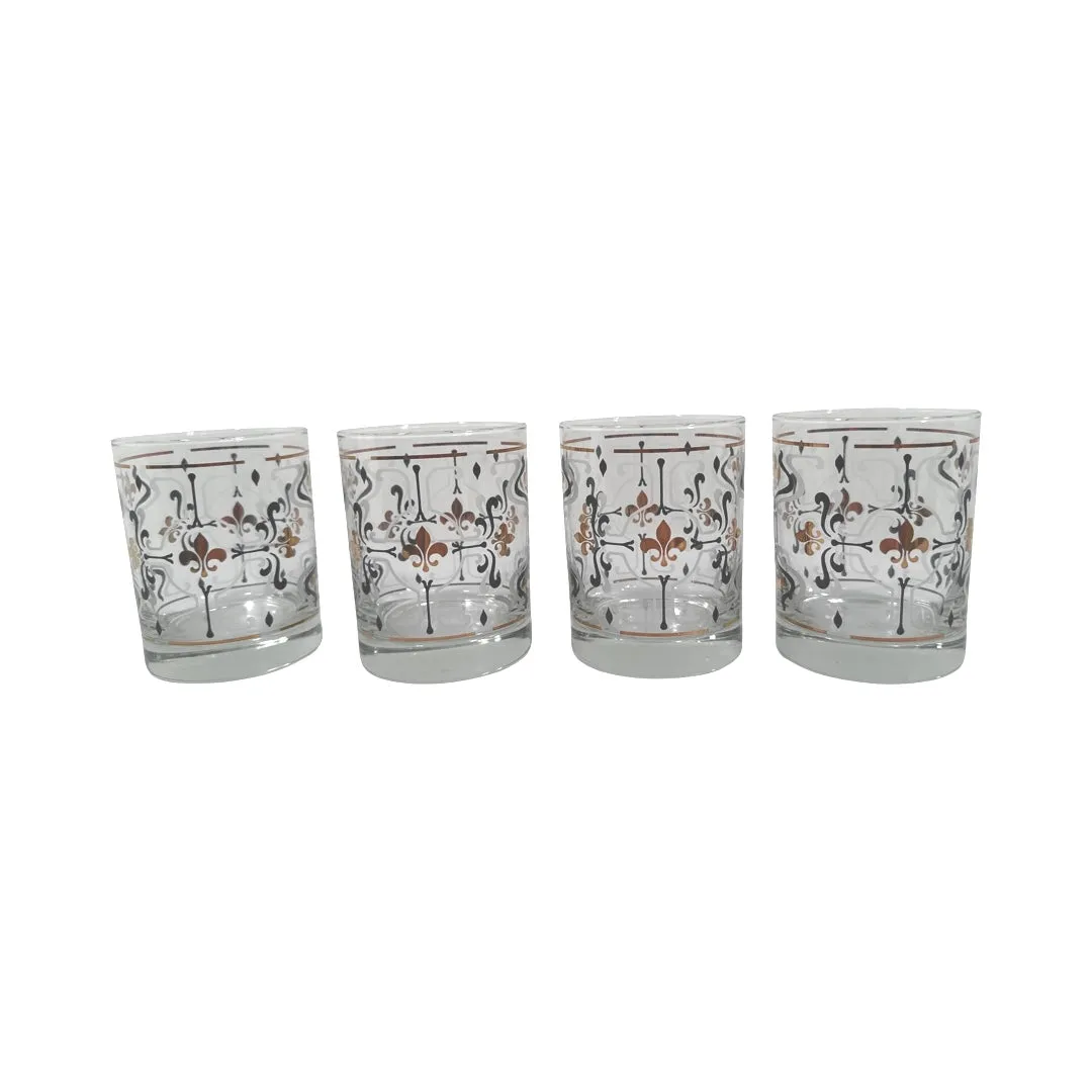 Mid-Century Fleur De Lis Double Old Fashion Glasses (Set of 4)