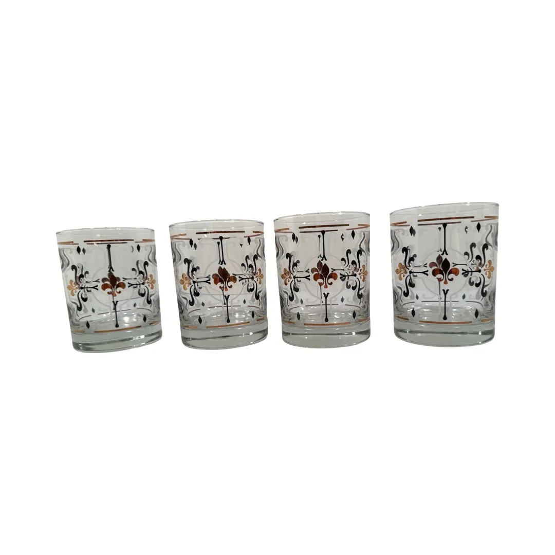 Mid-Century Fleur De Lis Double Old Fashion Glasses (Set of 4)