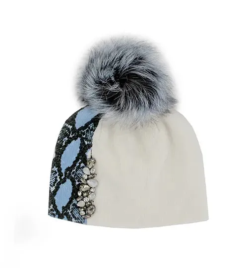 Mitchie's Matchings | Knit Hat with Snakeprint, Crystals & Fox Fur Pom Pom | Women's