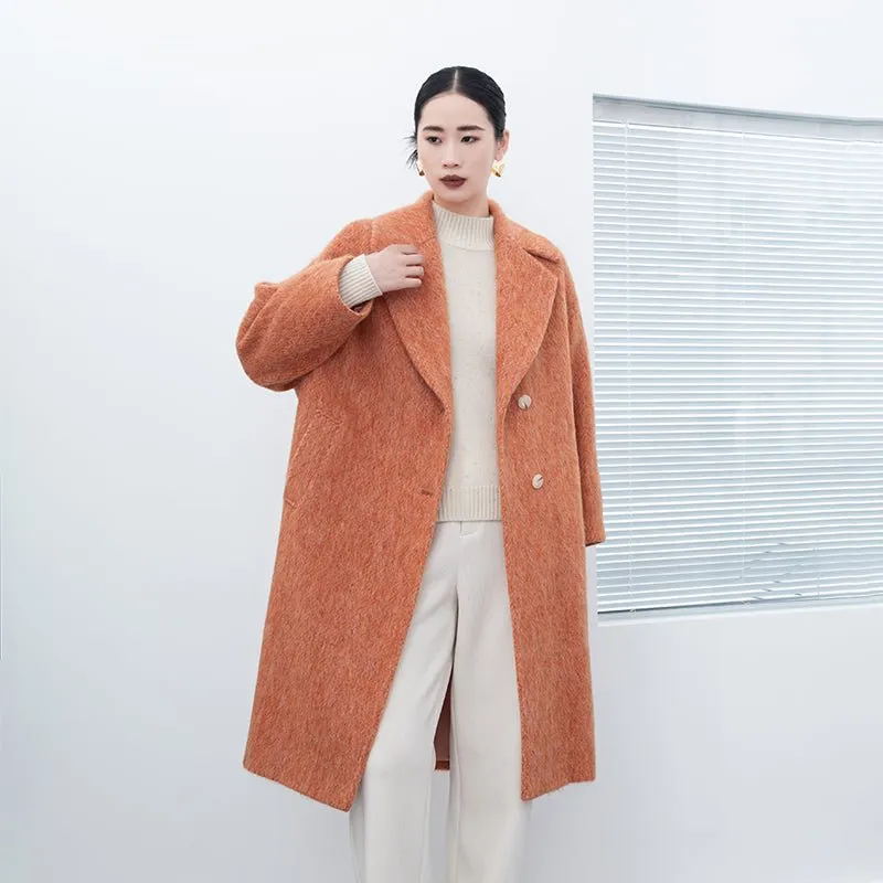 Orange Red Lapel Long Wool Coats