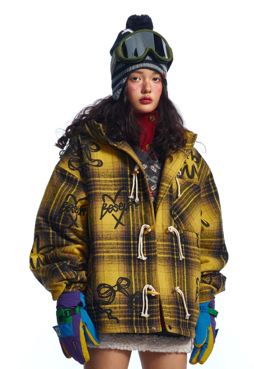 Plaid duffle coat yellow checked woolen hooden bomber