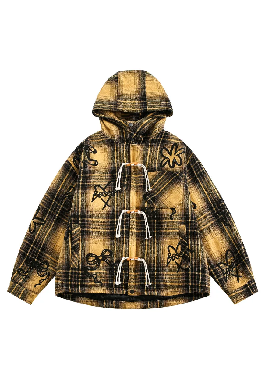 Plaid duffle coat yellow checked woolen hooden bomber