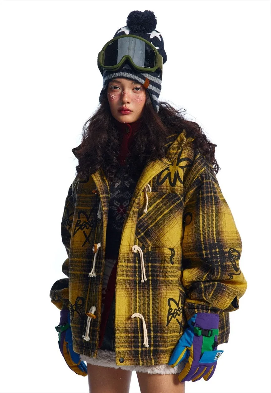 Plaid duffle coat yellow checked woolen hooden bomber