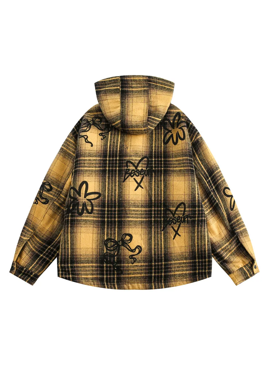 Plaid duffle coat yellow checked woolen hooden bomber