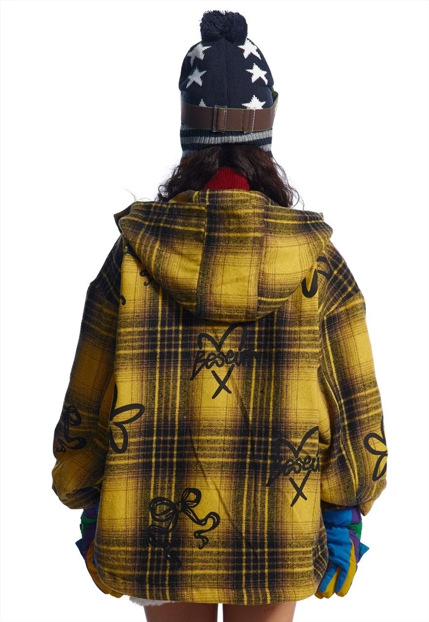 Plaid duffle coat yellow checked woolen hooden bomber