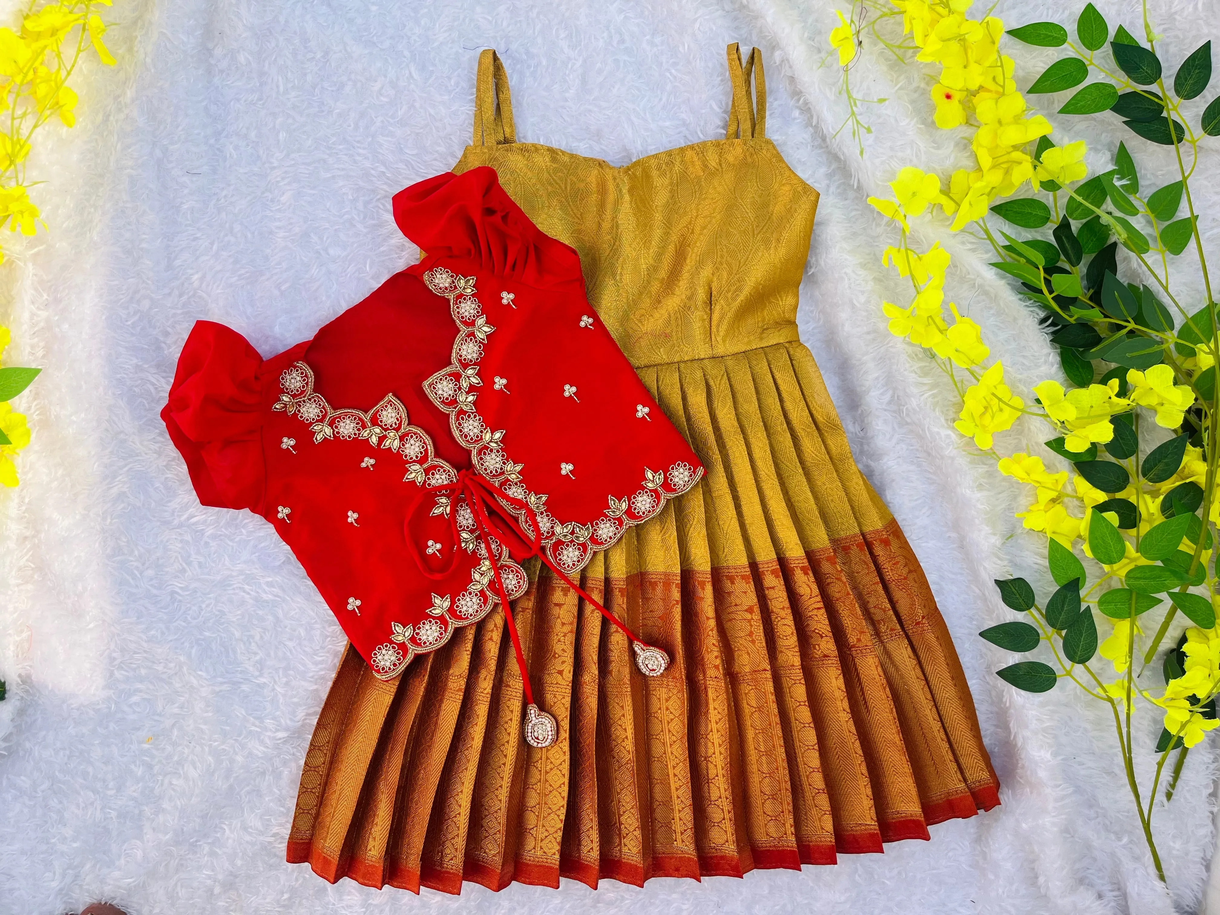 PRE ORDER : Premium Aari Work : Golden Frock with Red Overcoat