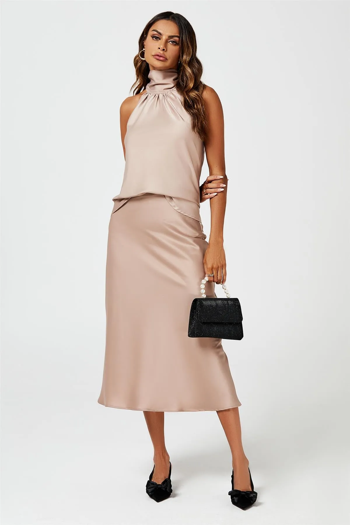 Satin Midi Skirt In Light Brown