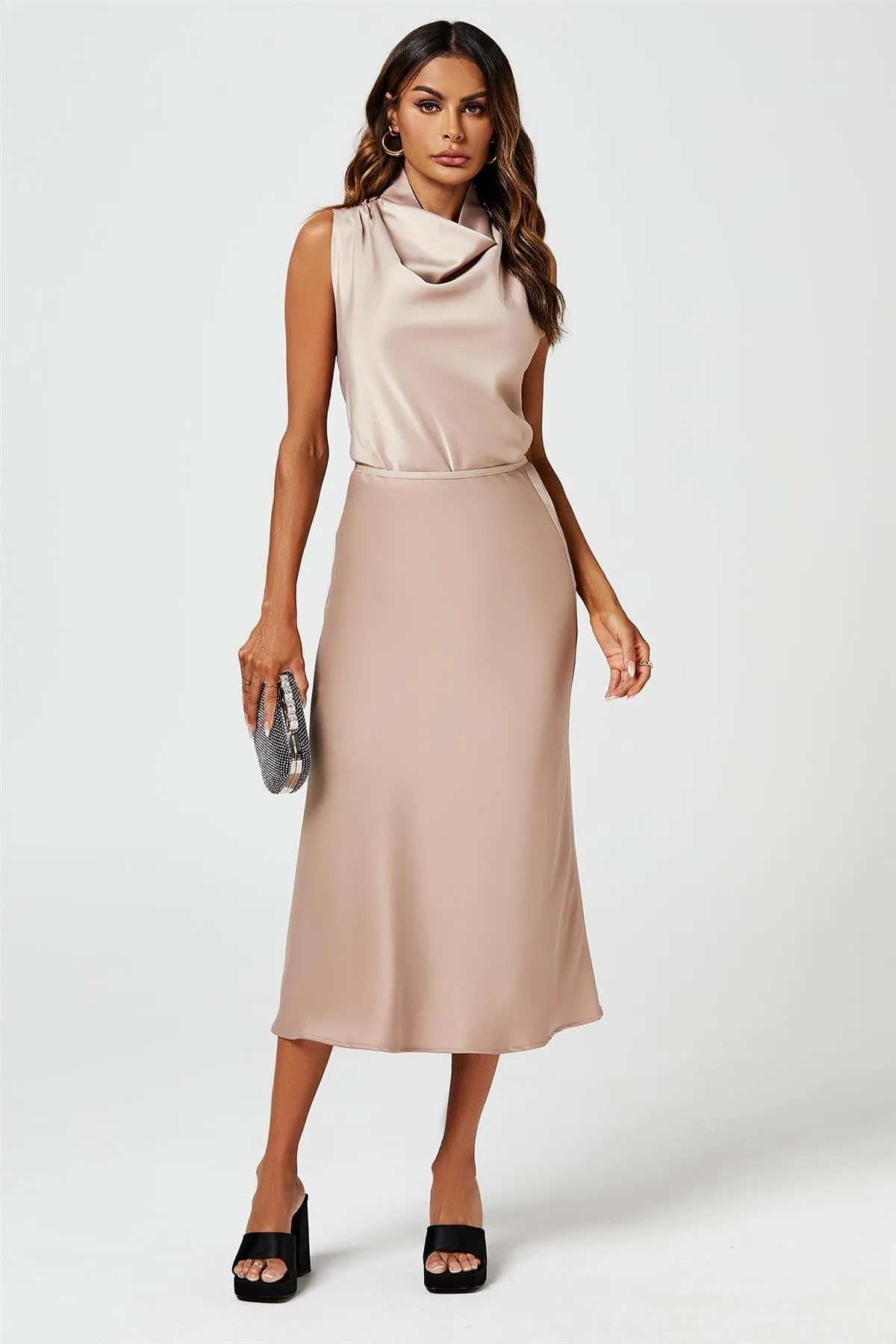 Satin Midi Skirt In Light Brown