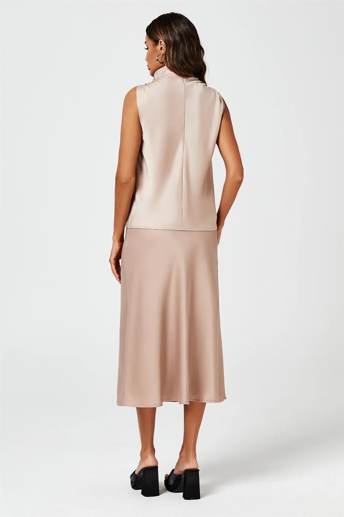 Satin Midi Skirt In Light Brown