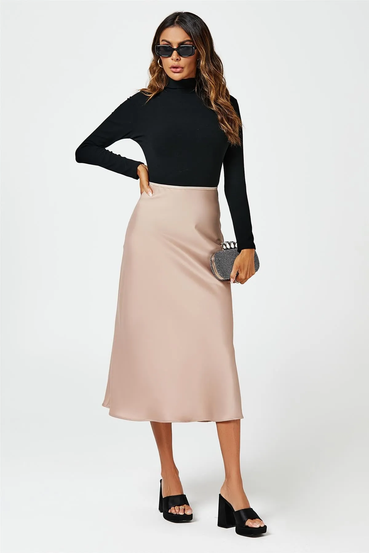 Satin Midi Skirt In Light Brown