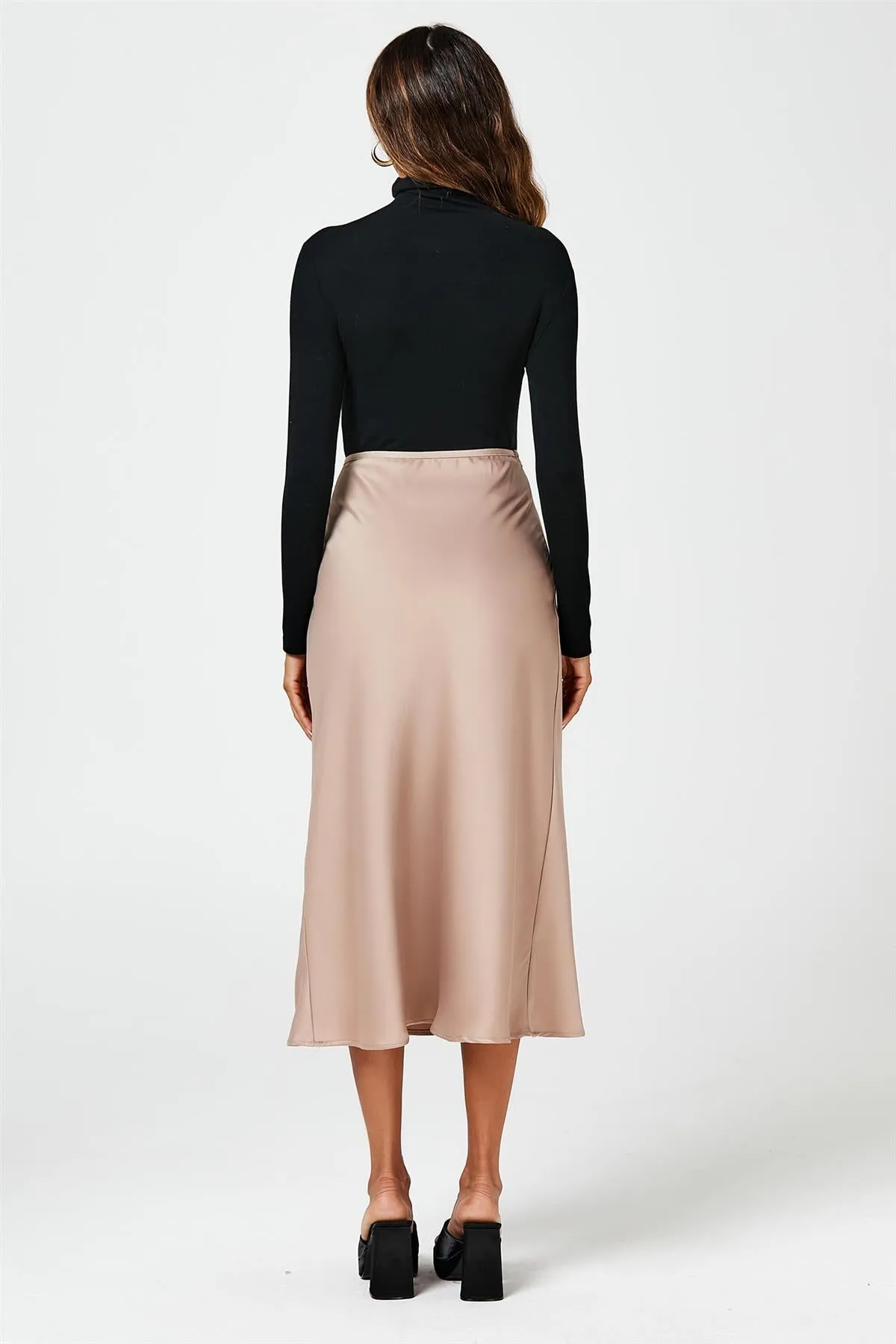 Satin Midi Skirt In Light Brown