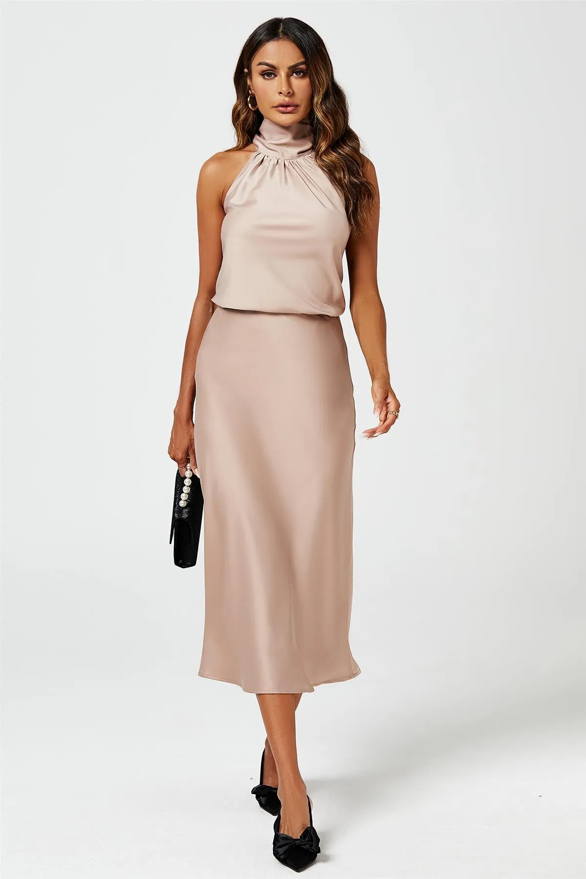 Satin Midi Skirt In Light Brown