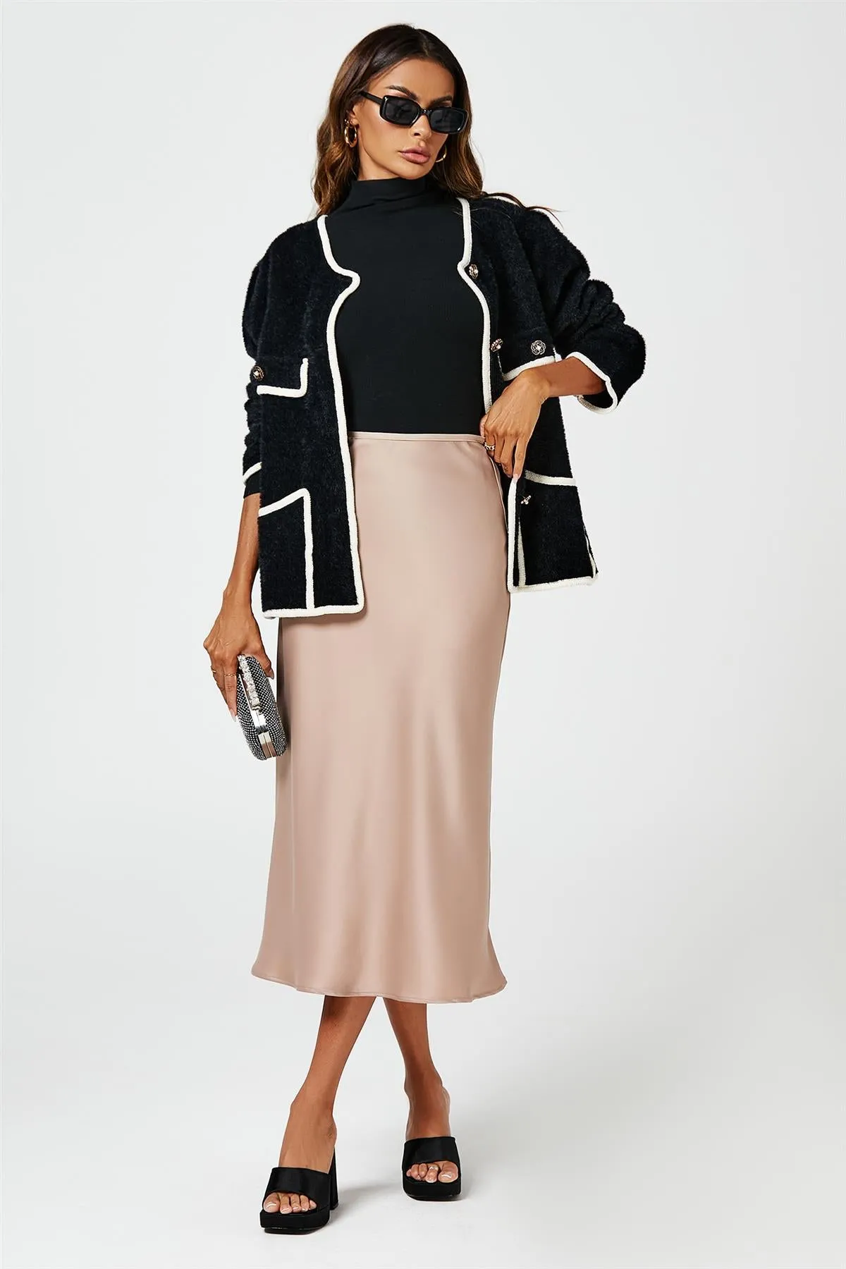 Satin Midi Skirt In Light Brown