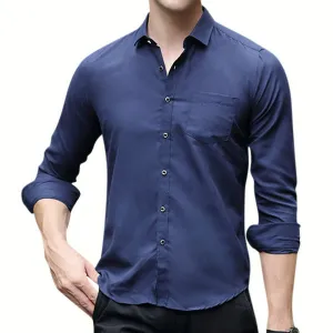 Spring Long Sleeve Solid Color Chest Single Pocket Plus Size Bussiness Casual Dress Shirt for Men