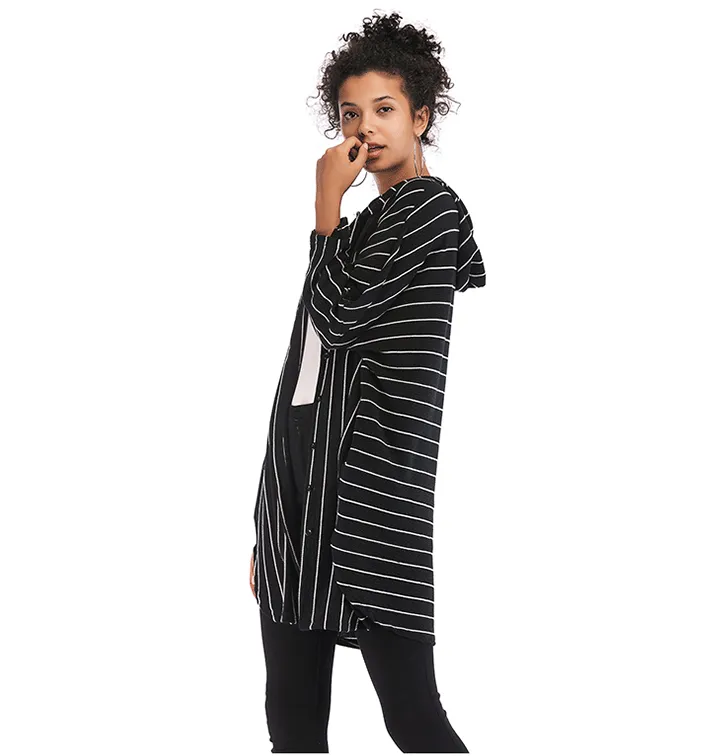 Striped loose fit cardigan hooded coat