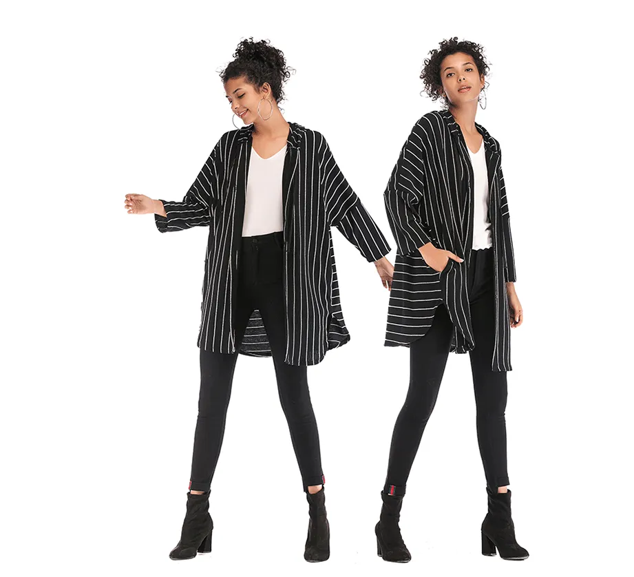 Striped loose fit cardigan hooded coat